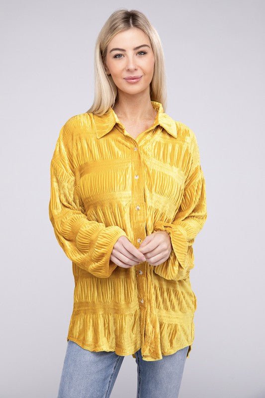 Wrinkle Effect Tiered Shirring Velvet Shirt - JUST - JEN BOUTIQUE