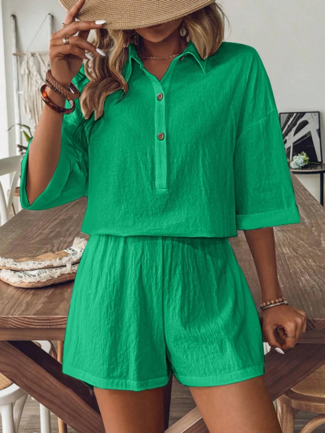 Collared Neck Half Sleeve Top and Shorts Set - JUST - JEN BOUTIQUE