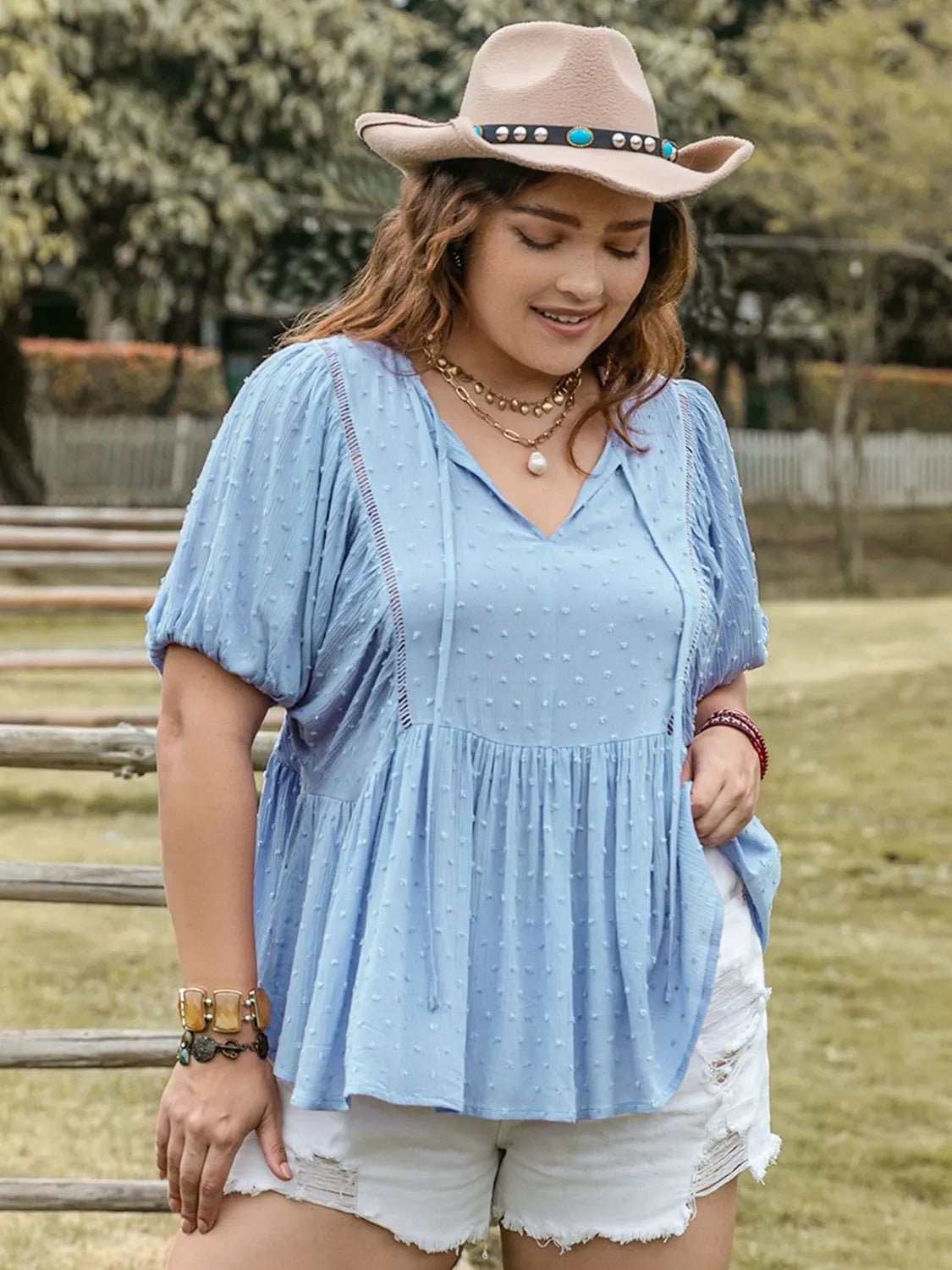 Plus Size Swiss Dot Tie Neck Short Sleeve Blouse - JUST - JEN BOUTIQUE