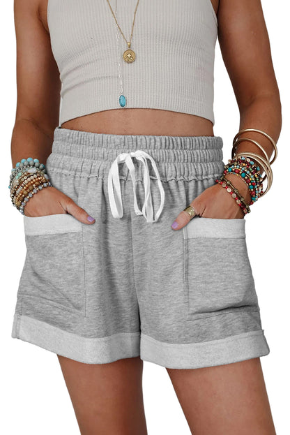 Gray Pocket Patchwork Drawstring Waist Shorts