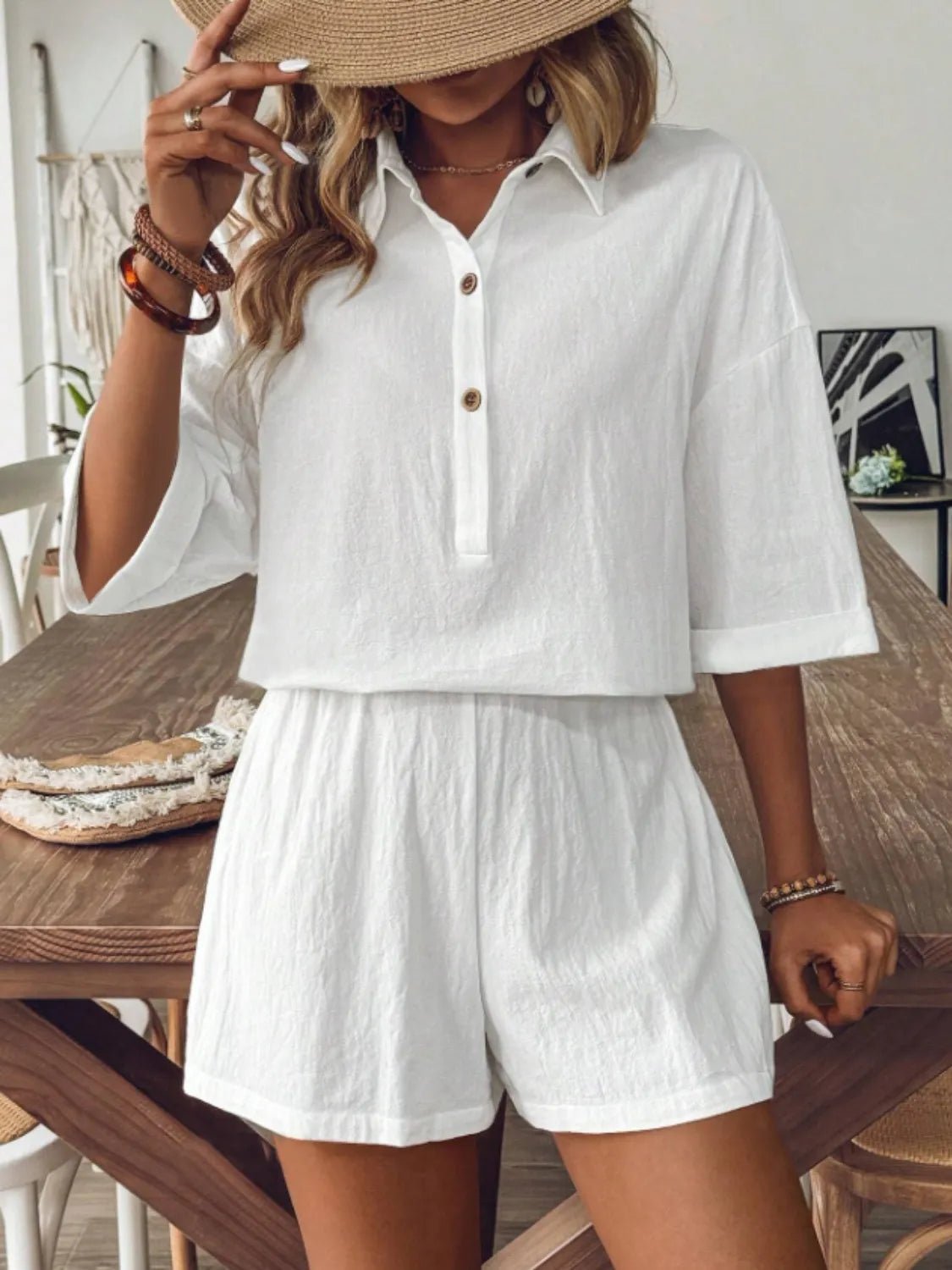 Collared Neck Half Sleeve Top and Shorts Set - JUST - JEN BOUTIQUE