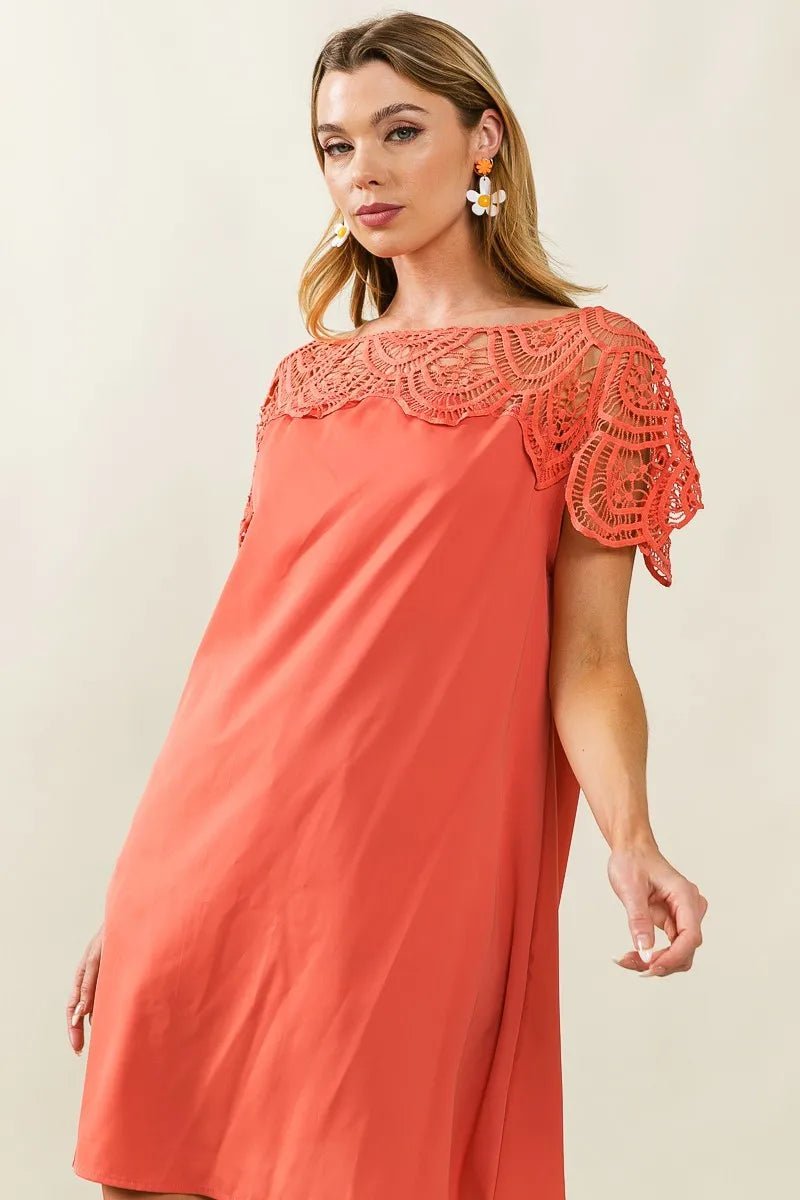 BiBi Crochet Lace Yoke Detailed Wrinkled Dress - JUST - JEN BOUTIQUE
