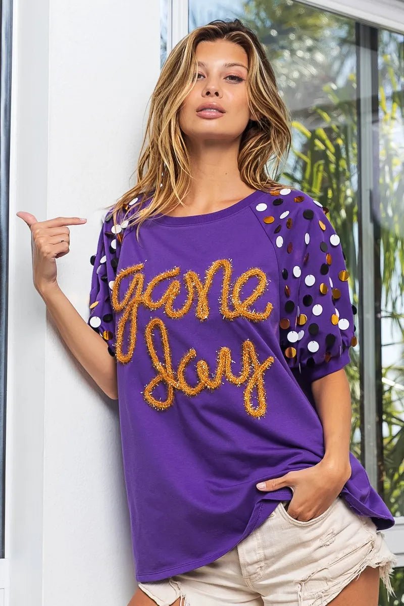 BiBi Game Day Metallic Letter Spangle Sleeve Top - JUST - JEN BOUTIQUE