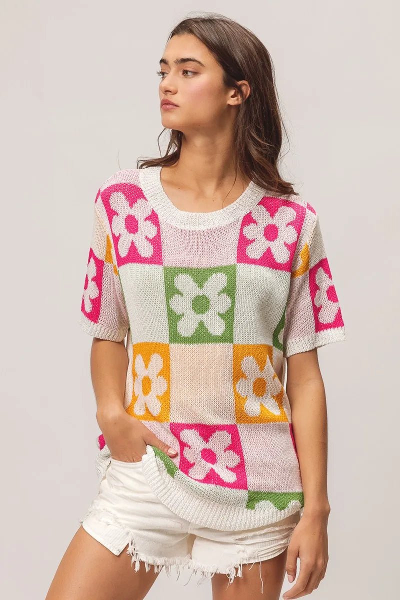 BiBi Flower Checker Pattern Lightweight Sweater Top - JUST - JEN BOUTIQUE