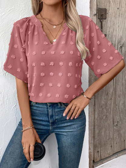 Ivy Lane Swiss Dot Notched Half Sleeve Blouse