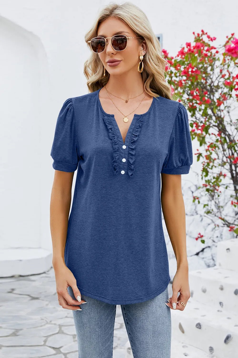 Frill Notched Short Sleeve Blouse - JUST - JEN BOUTIQUE