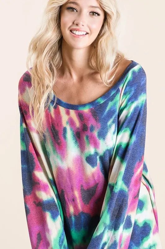 BiBi Tie Dye Print Terry Top with Puff Sleeves - JUST - JEN BOUTIQUE