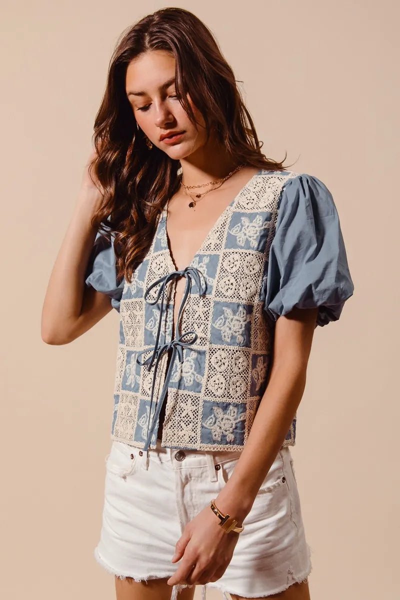 SO ME Crochet Lace Tie Front V Neck Blouse Top - JUST - JEN BOUTIQUE