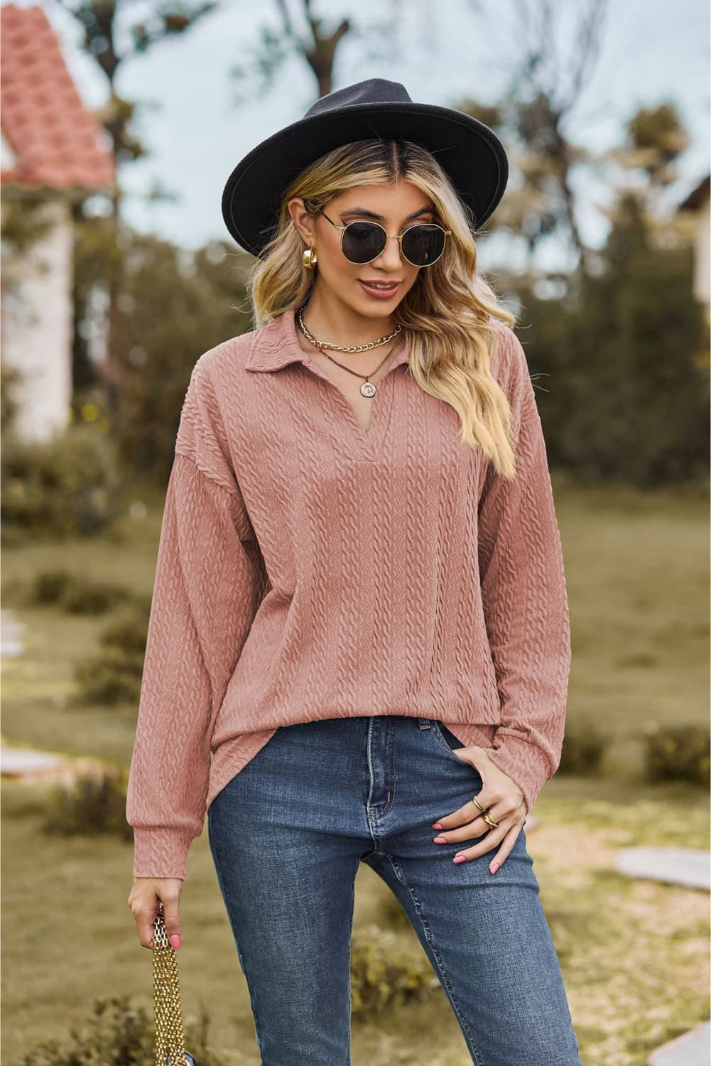 Collared Neck Cable - Knit Long Sleeve Blouse - JUST - JEN BOUTIQUE