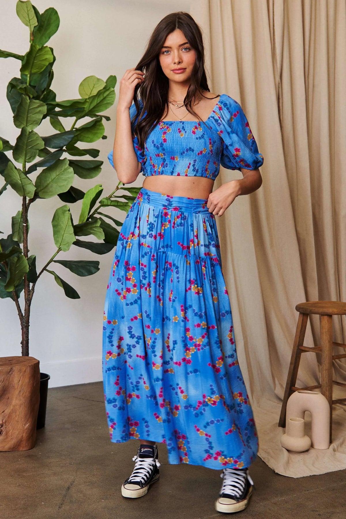 Davi & Dani Smocing Bodice Puff Short Sleeve Printed Crop Top - JUST - JEN BOUTIQUE