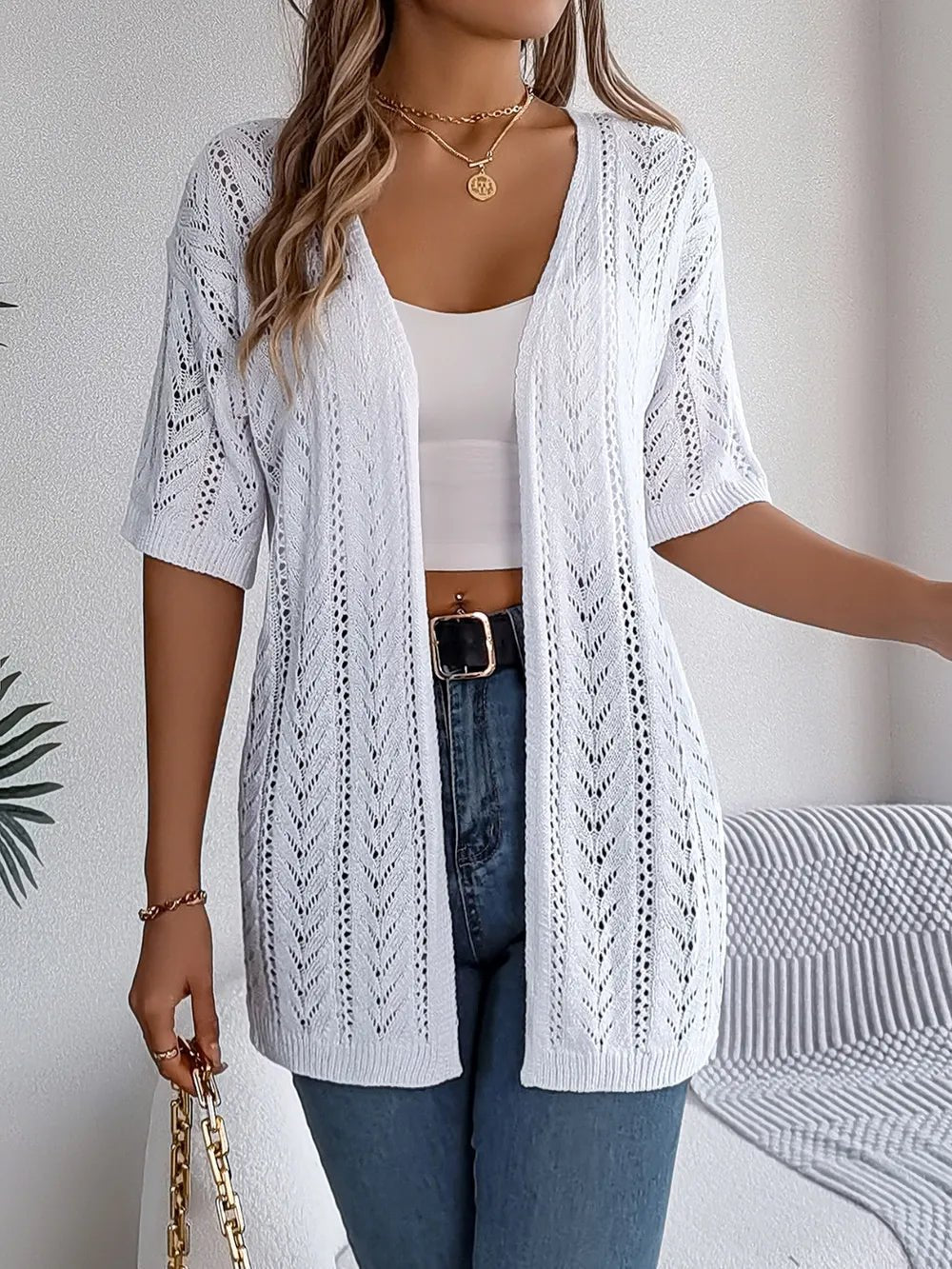 Openwork Open Front Half Sleeve Cardigan - JUST - JEN BOUTIQUE