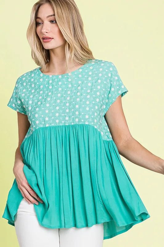 Lime 'N' Chili Full Size Embroidered Short Sleeve Pleated Babydoll Top Plus Size - JUST - JEN BOUTIQUE