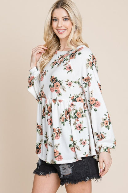 Super Lady Full Size Babydoll Floral Boat Neck Long Sleeve Blouse