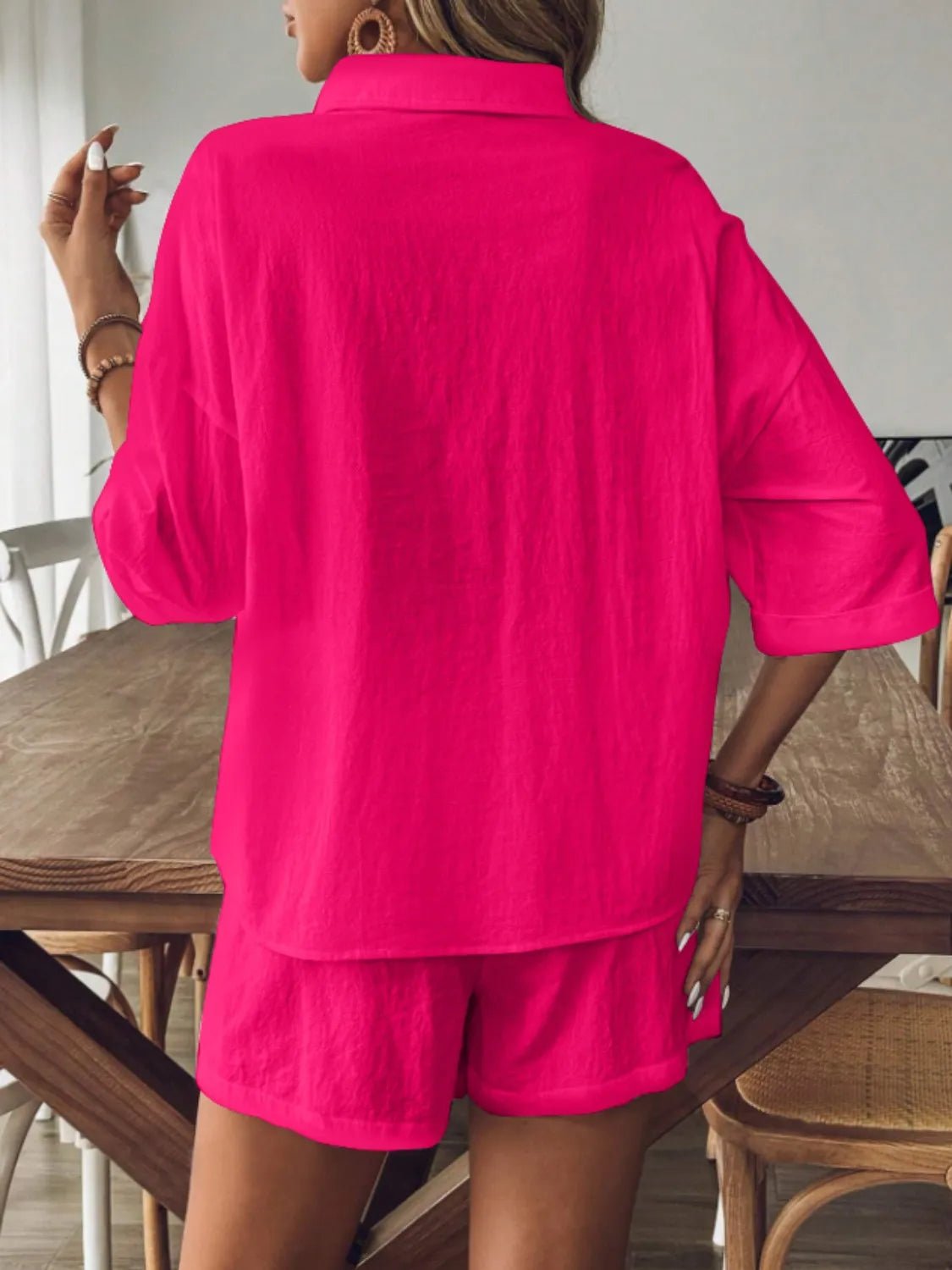 Collared Neck Half Sleeve Top and Shorts Set - JUST - JEN BOUTIQUE