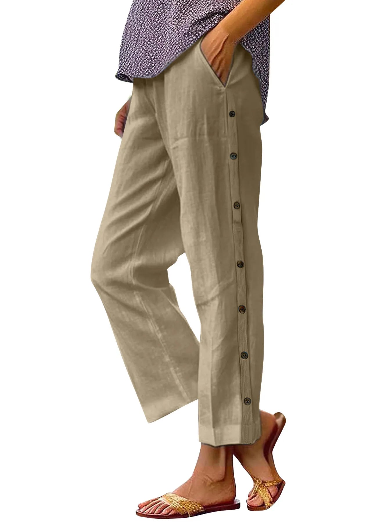 Full Size Side Decor Button Casual Wide Leg Pants Plus Size - JUST - JEN BOUTIQUE