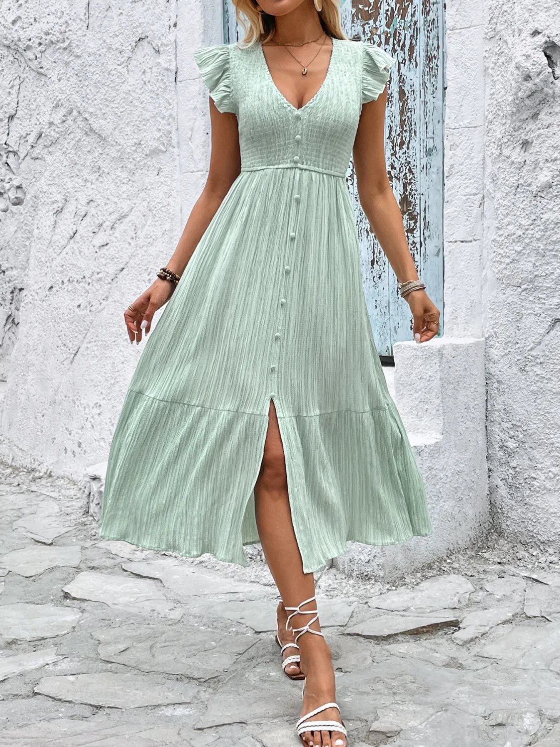 V - Neck Ruffled Cap Sleeve Dress - JUST - JEN BOUTIQUE