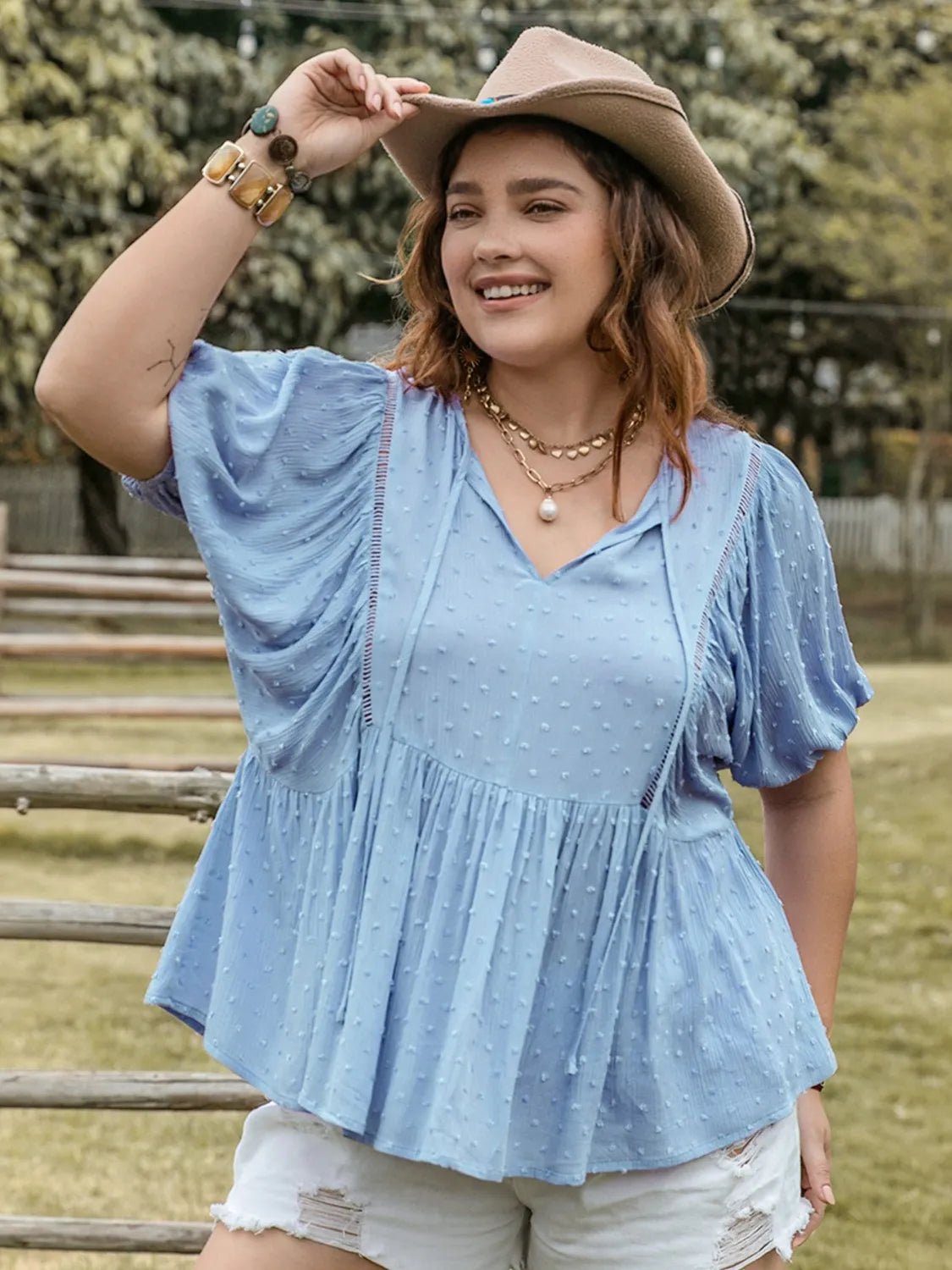 Plus Size Swiss Dot Tie Neck Short Sleeve Blouse - JUST - JEN BOUTIQUE