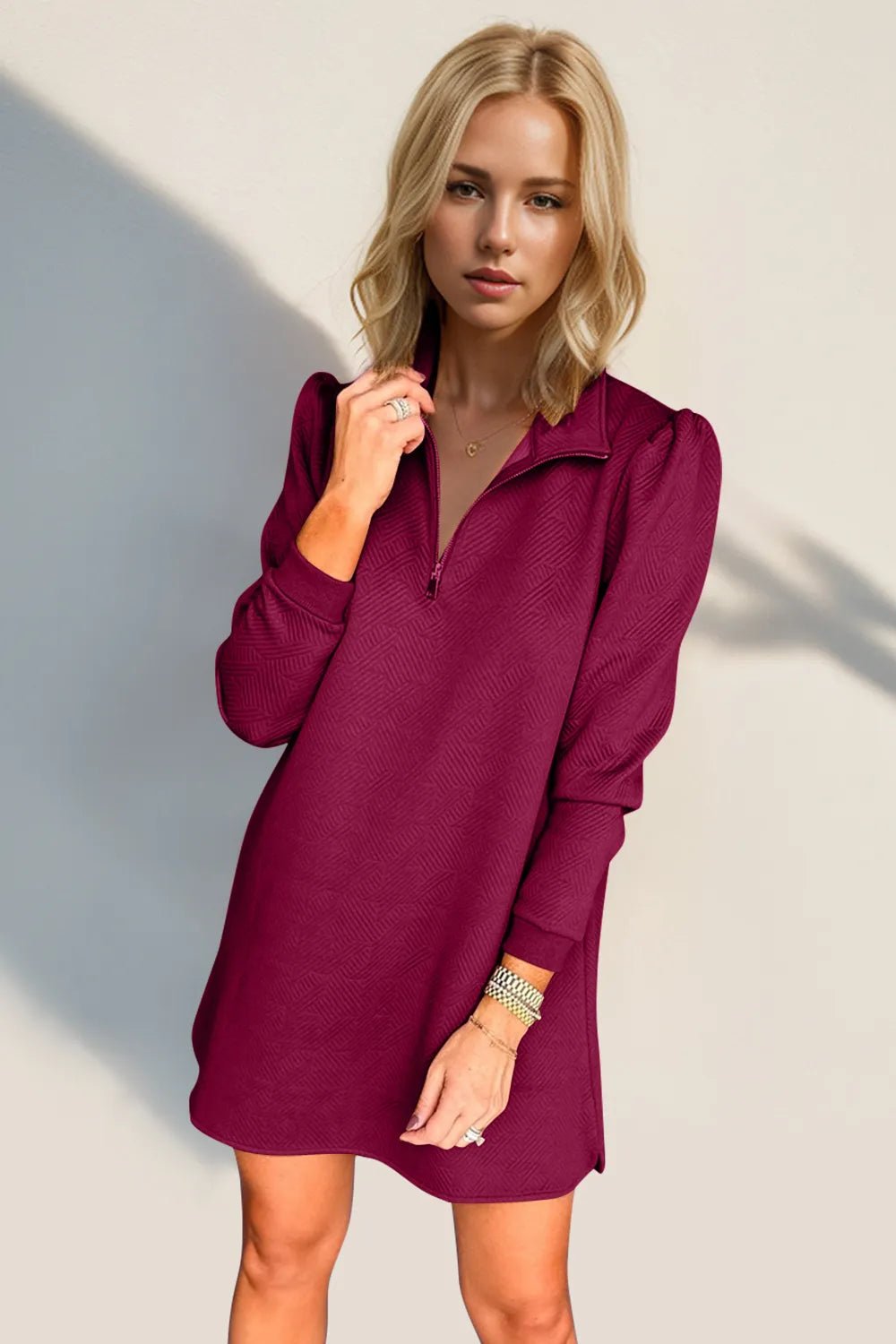 Double Take Textured Quarter Zip Long Sleeve Dress - JUST - JEN BOUTIQUE