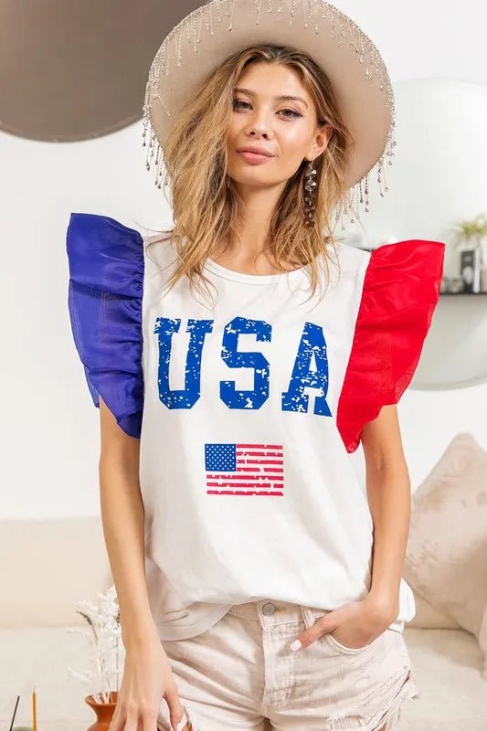 BiBi USA Theme Color Block Organza Ruffle Sleeve Top - JUST - JEN BOUTIQUE