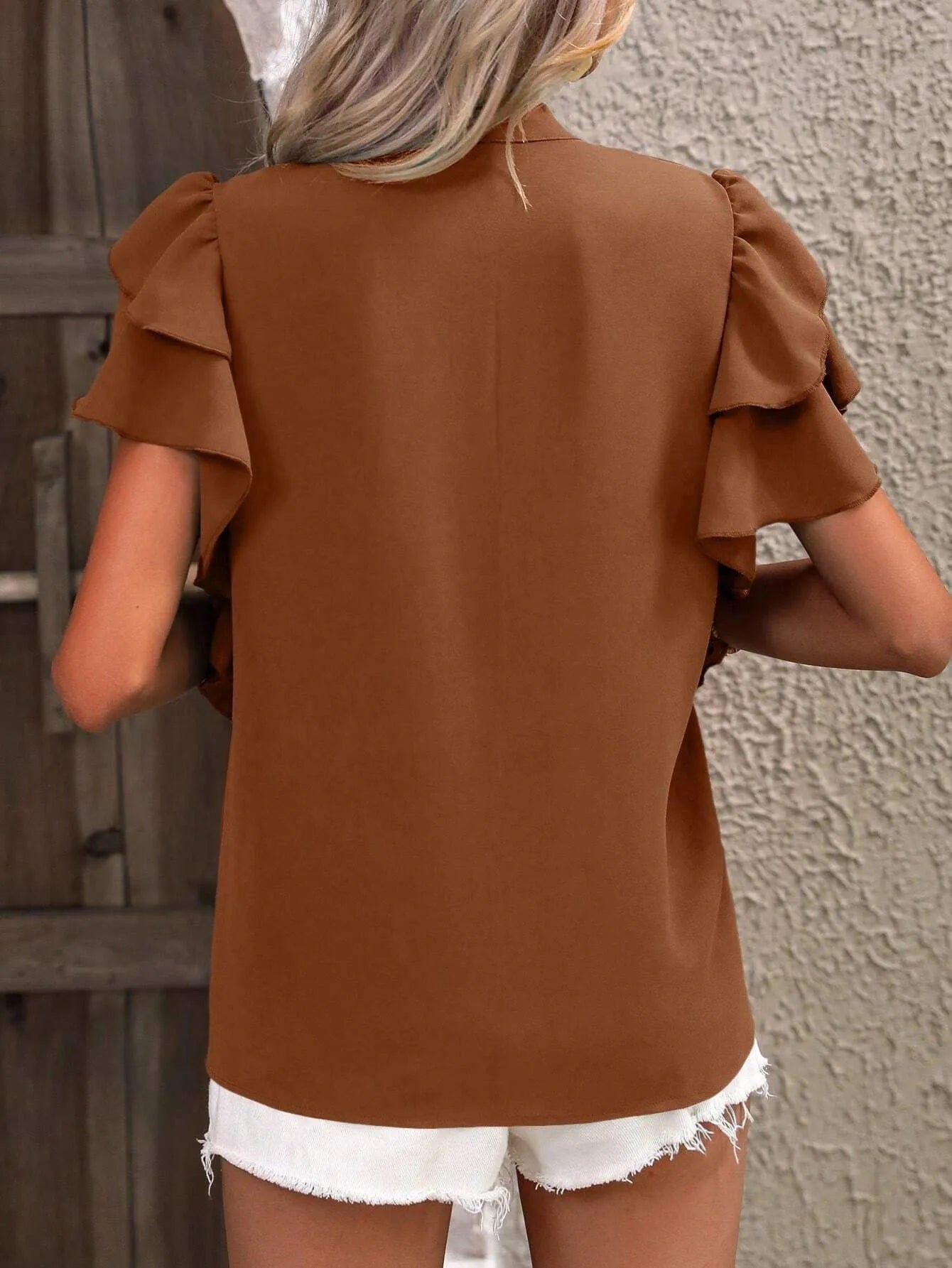 Ruffle Sleeve Notched Blouse - JUST - JEN BOUTIQUE