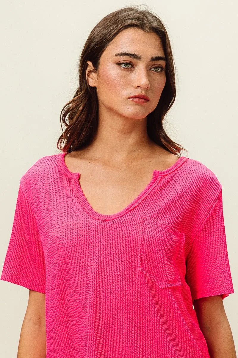 BiBi Waved Rib U Neck Top With Front Pocket - JUST - JEN BOUTIQUE
