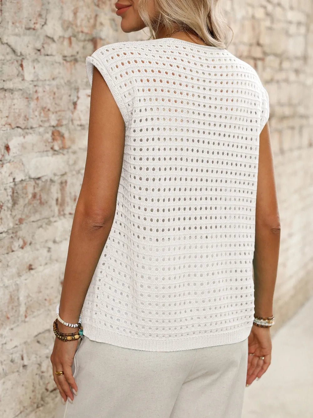 Tied Front Openwork V - Neck Knit Top - JUST - JEN BOUTIQUE