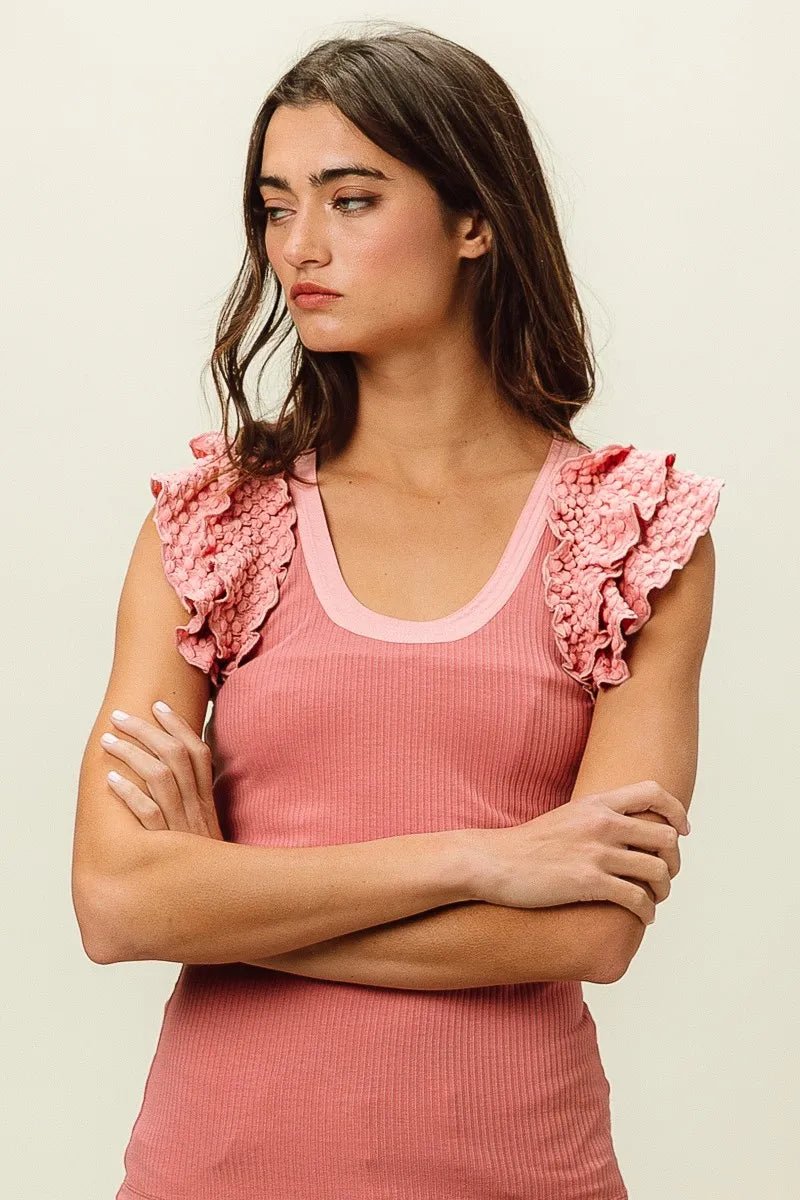 BiBi Rib Knit With Textured Ruffled Top - JUST - JEN BOUTIQUE