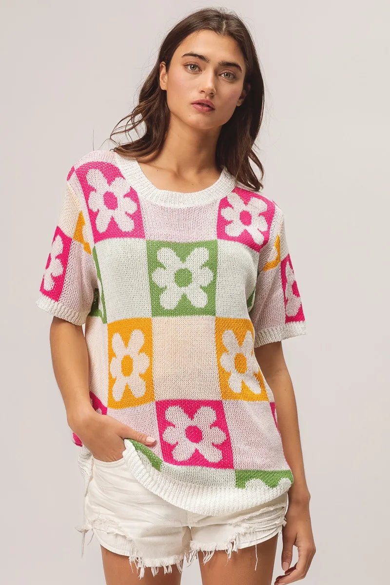 BiBi Flower Checker Pattern Lightweight Sweater Top - JUST - JEN BOUTIQUE