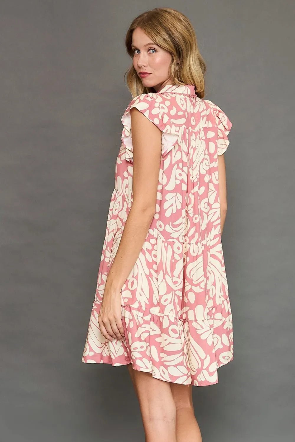 Umgee Full Size Two Tone Printed Ruffled Cap Sleeve Mini Dress Plus Size - JUST - JEN BOUTIQUE