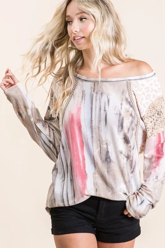 BiBi Tie Dye Knit Top with Print Block Shoulder - JUST - JEN BOUTIQUE