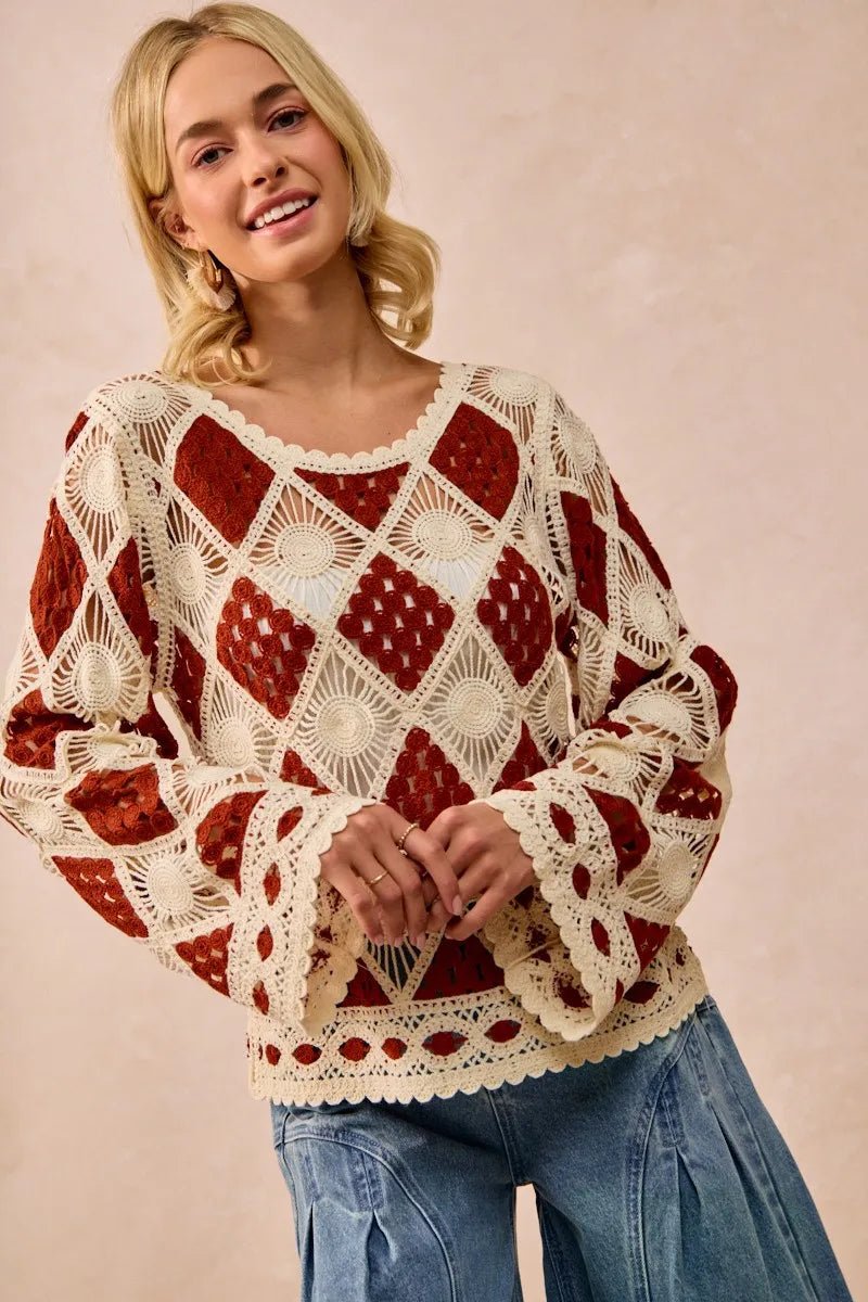 BiBi Diamond Crochet Knit Top - JUST - JEN BOUTIQUE