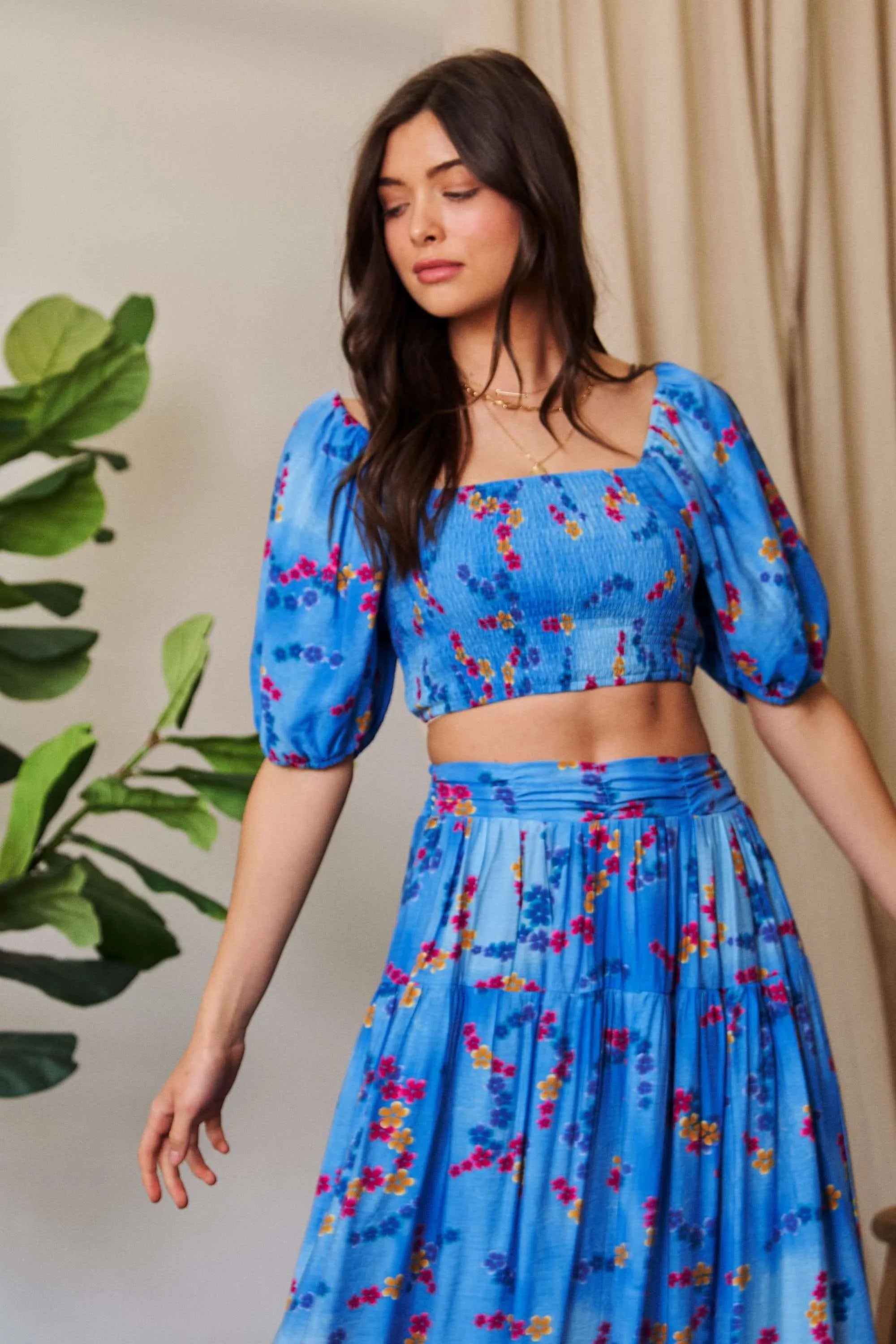 Davi & Dani Smocing Bodice Puff Short Sleeve Printed Crop Top - JUST - JEN BOUTIQUE