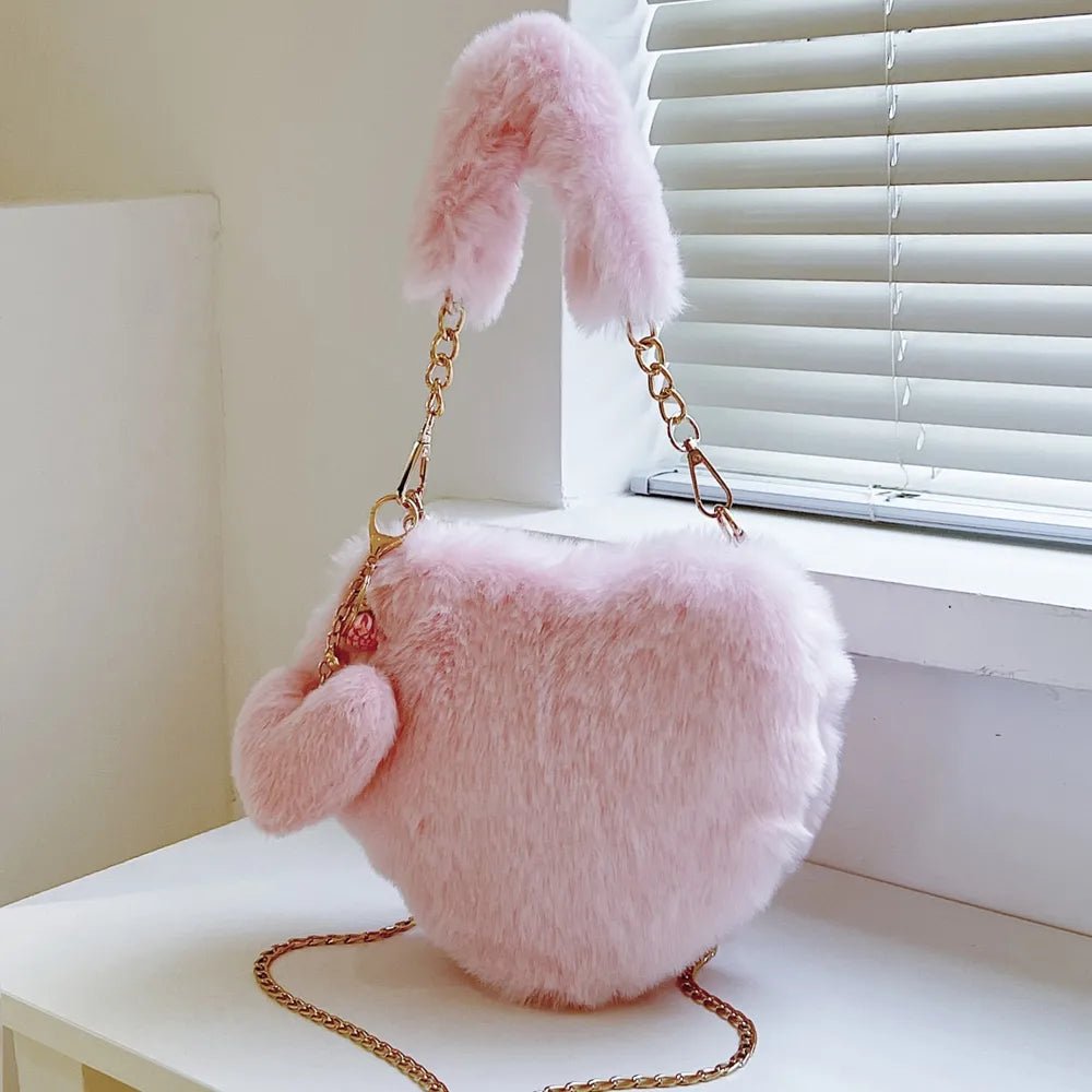 Heart Shape Faux Fur Handbag - JUST - JEN BOUTIQUE