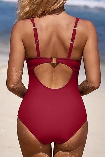 Scalloped V Neck Cut Out Monokini Swimwear - JUST - JEN BOUTIQUE