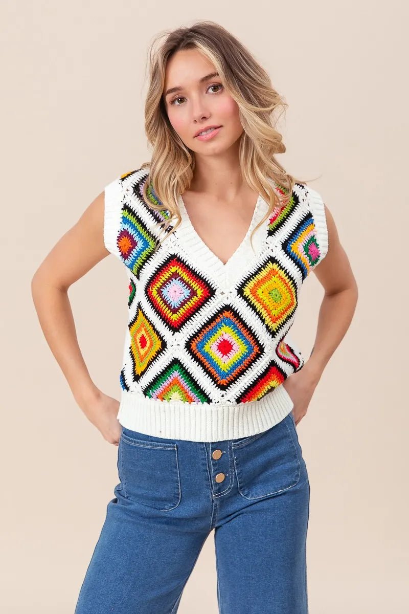 BiBi Diamond Granny Square Sweater Vest - JUST - JEN BOUTIQUE