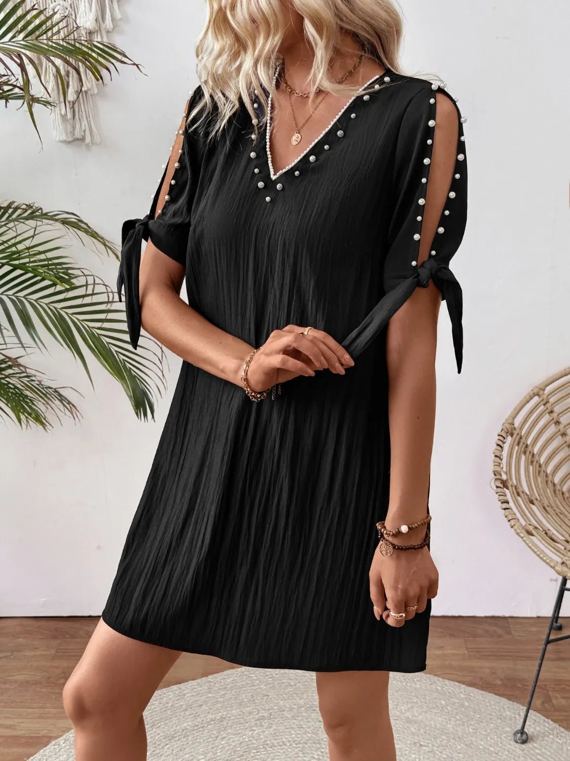 Cutout Pearl Detail V - Neck Mini Dress - JUST - JEN BOUTIQUE