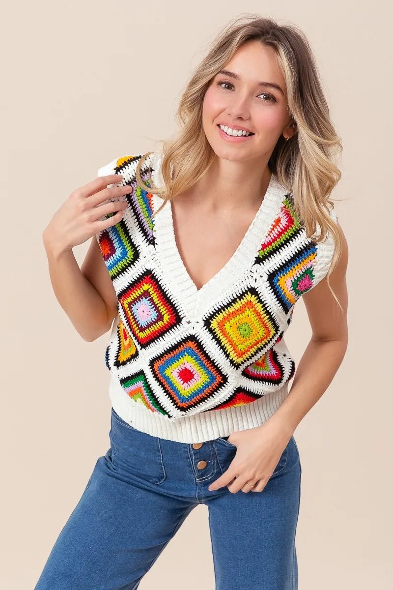 BiBi Diamond Granny Square Sweater Vest - JUST - JEN BOUTIQUE