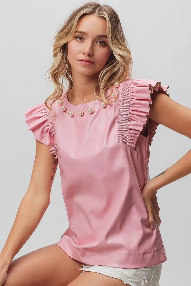 BiBi Leather Smocked Ruffled Top - JUST - JEN BOUTIQUE