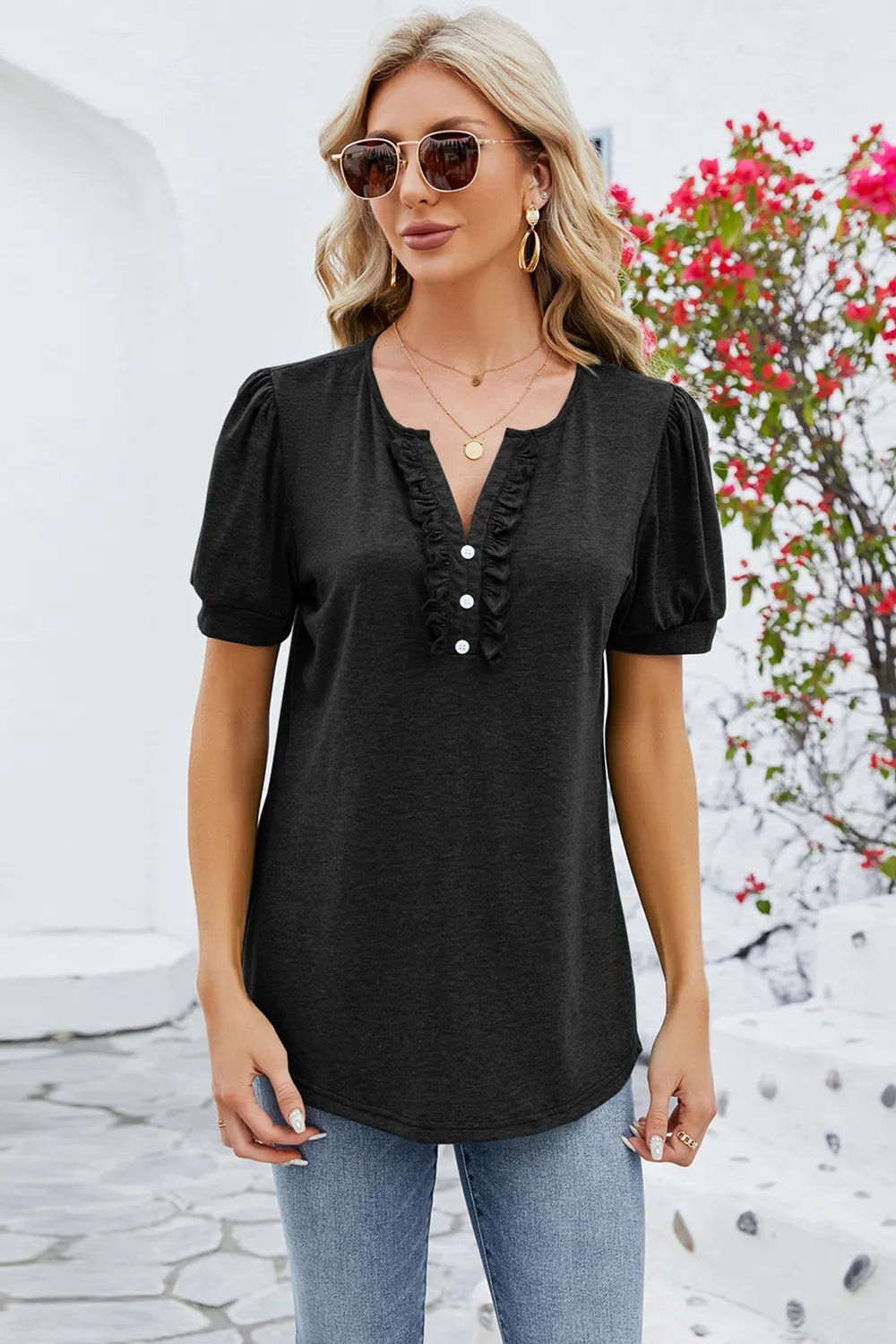 Frill Notched Short Sleeve Blouse - JUST - JEN BOUTIQUE