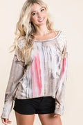 BiBi Tie Dye Knit Top with Print Block Shoulder - JUST - JEN BOUTIQUE