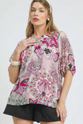 Umgee Floral Print Half Sleeve Blouse - JUST - JEN BOUTIQUE