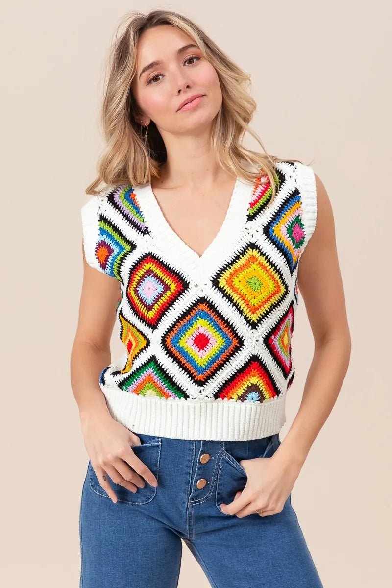 BiBi Diamond Granny Square Sweater Vest - JUST - JEN BOUTIQUE