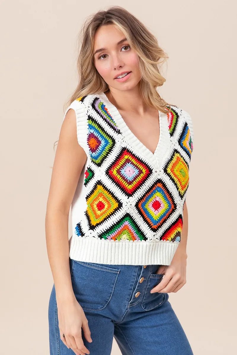 BiBi Diamond Granny Square Sweater Vest - JUST - JEN BOUTIQUE