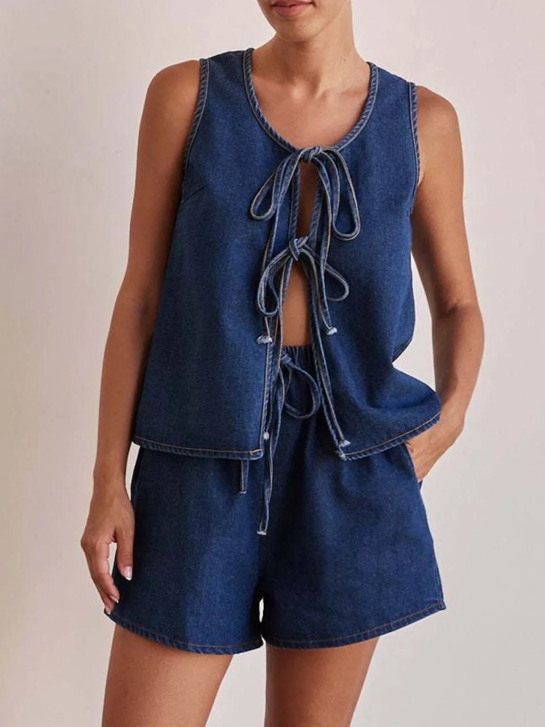 Tie Front Vest and Shorts Denim Set - JUST - JEN BOUTIQUE