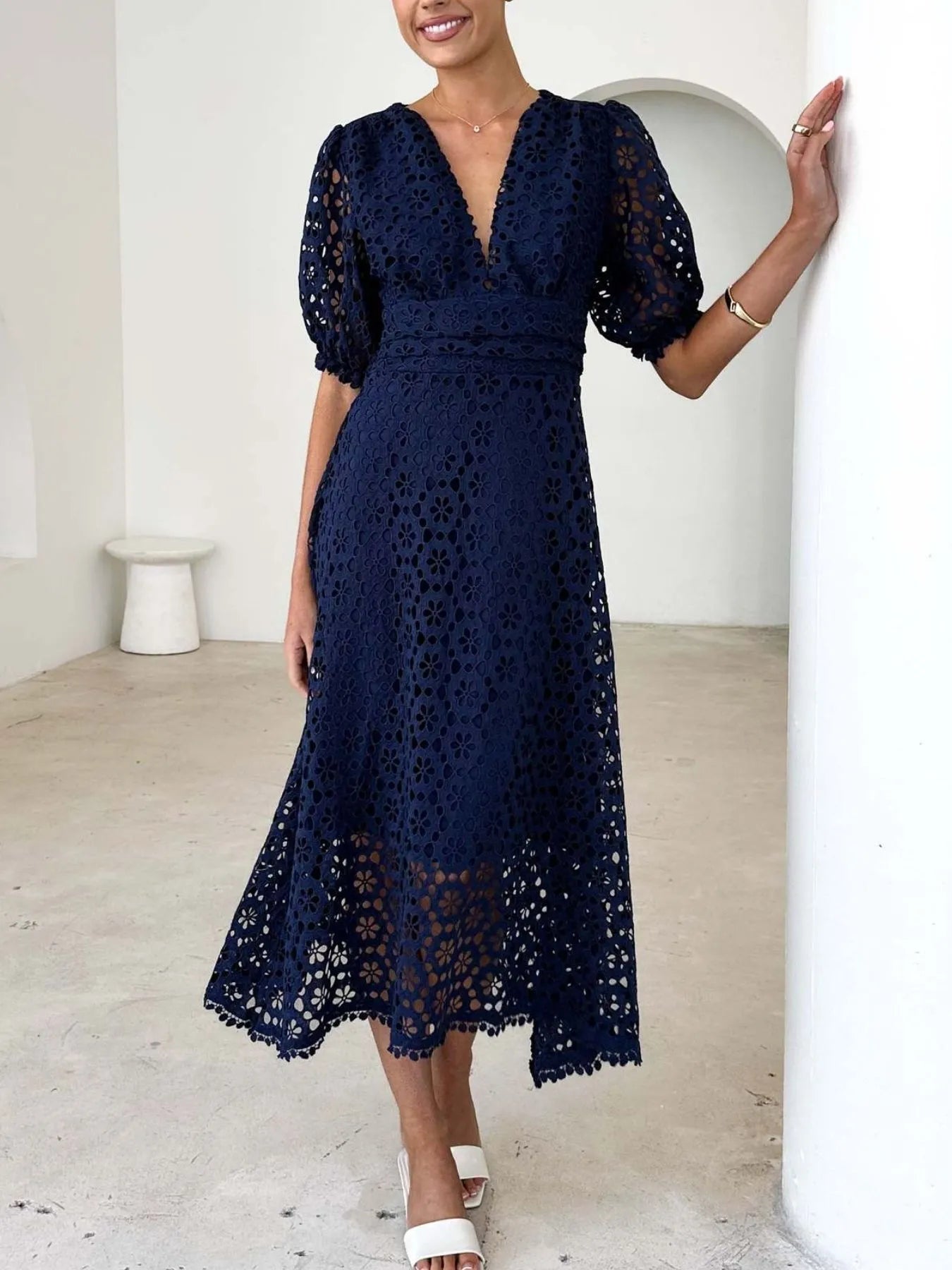 Eyelet Lace V - Neck Midi Dress with Puff Sleeves - JUST - JEN BOUTIQUE