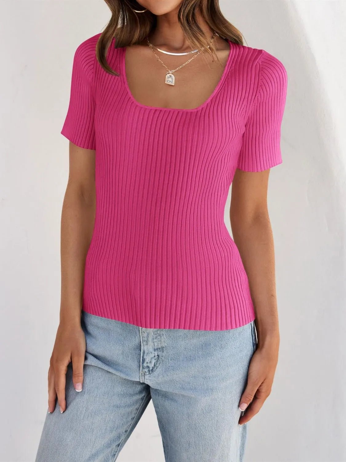 Ribbed Square Neck Short Sleeve Knit Top - JUST - JEN BOUTIQUE