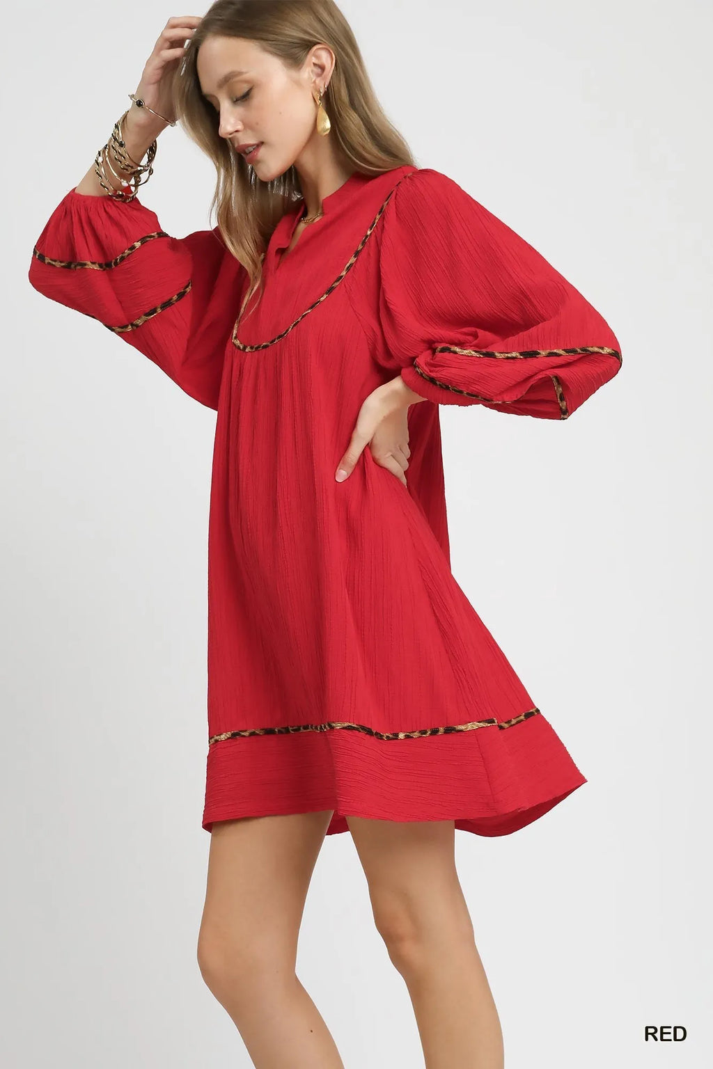 Umgee Textured Babydoll Dress with Leopard Trim - JUST - JEN BOUTIQUE
