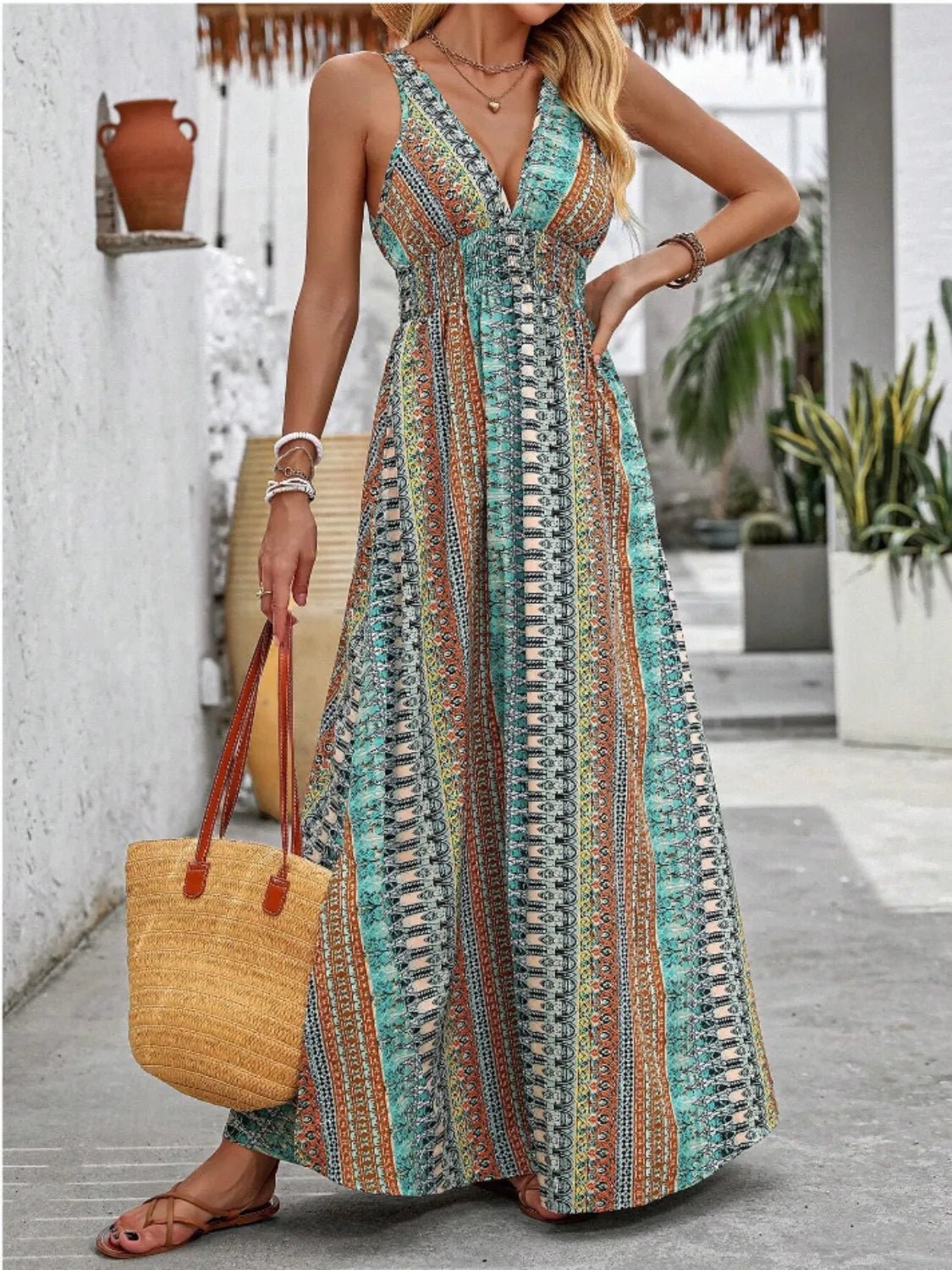 Tied Back Printed Sleeveless Maxi Slit Dress - JUST - JEN BOUTIQUE