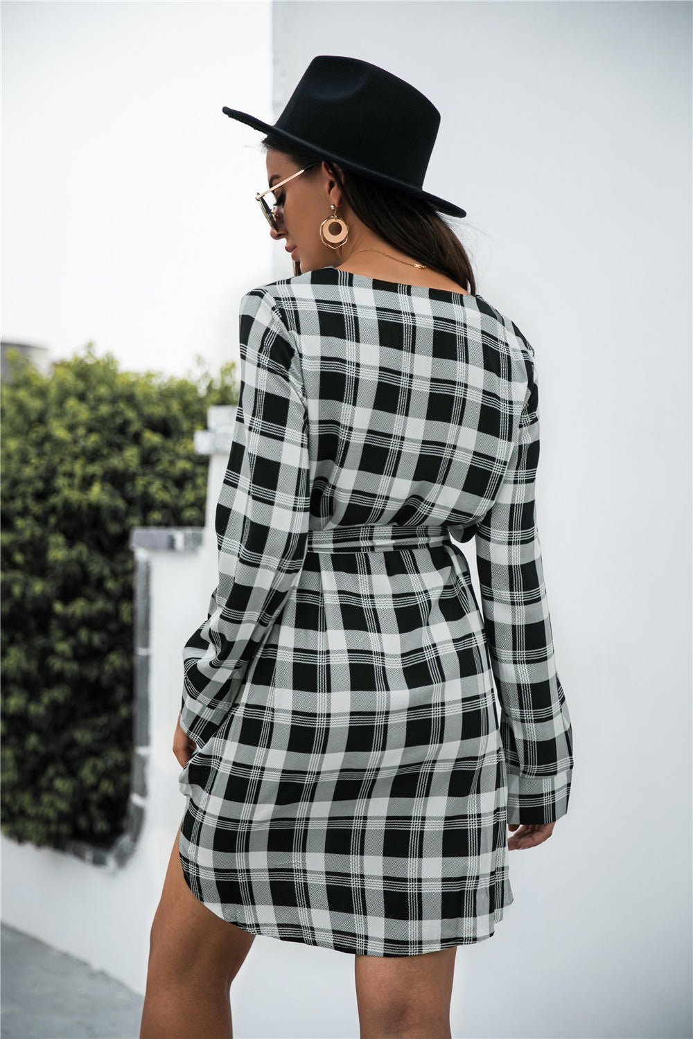 Plaid V - Neck Tie Waist Dress - JUST - JEN BOUTIQUE