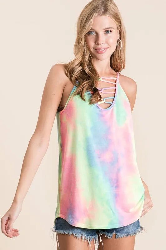 BiBi Tie Dye Terry Caged Neck Knit Camisole - JUST - JEN BOUTIQUE